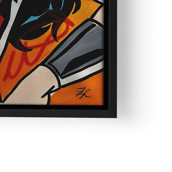 Modernes Wandbild mit Pop Art Mädchen auf orangefarbenem Hintergrund, gerahmt