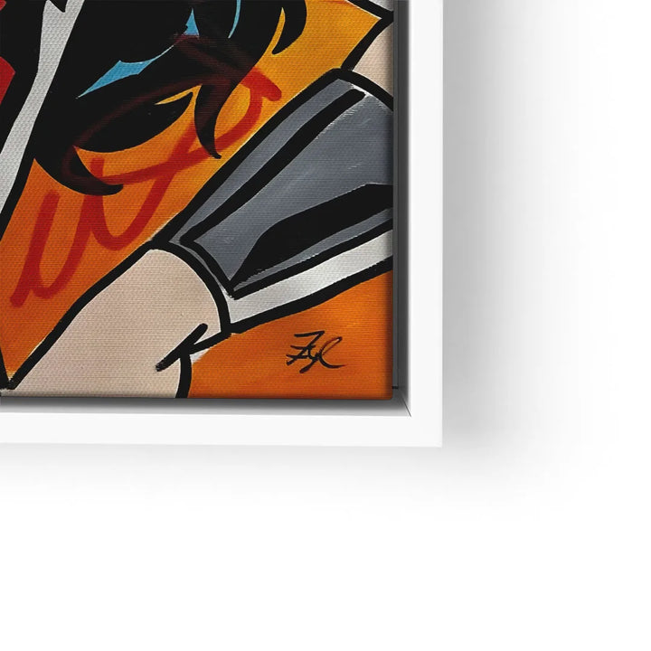Modernes Wandbild Mädchen Pop Art auf orangefarbenem Hintergrund, gerahmt, Nahaufnahme