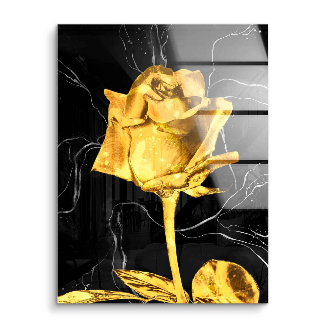 Wandbild mit goldener Rose auf schwarzem Marmor mit abstrakten Linien, Acrylglas
