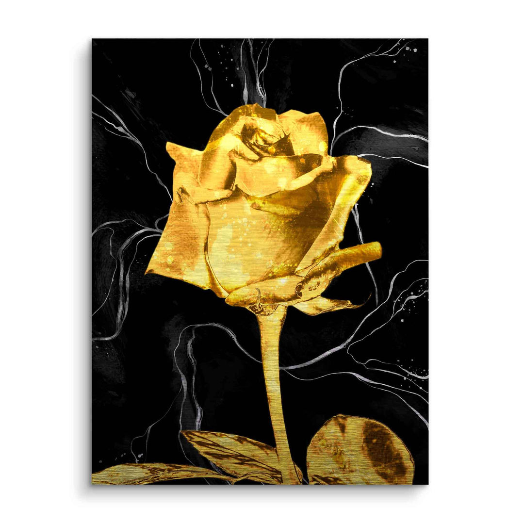 Modernes Wandbild mit goldener Rose auf schwarzem Marmor-Hintergrund, luxuriöses Blumenmotiv