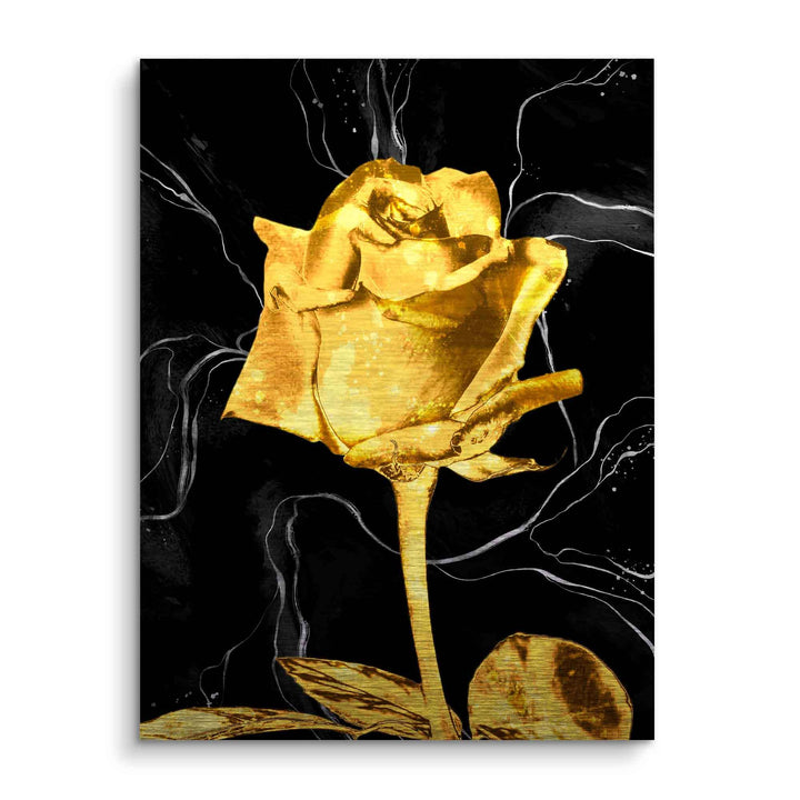 Modernes Wandbild mit goldener Rose auf schwarzem Marmor-Hintergrund, luxuriöses Blumenmotiv