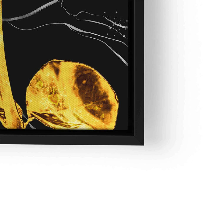 Detail eines modernen Wandbilds mit goldener Rose auf schwarzem Marmor-Hintergrund im Rahmen