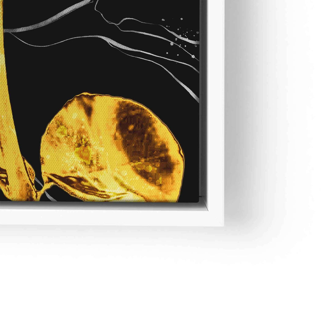 Modernes Wandbild mit goldenen Blättern auf schwarzem Marmor-Hintergrund in weißem Rahmen