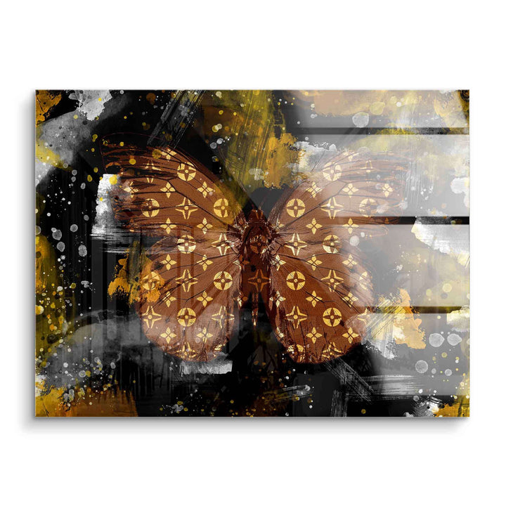 Modernes Acryl Wandbild mit golden-braunem Schmetterling auf abstraktem Hintergrund