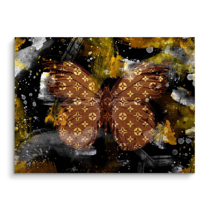 Modernes Wandbild mit braun-goldenem Schmetterling auf abstraktem, schwarzem Hintergrund