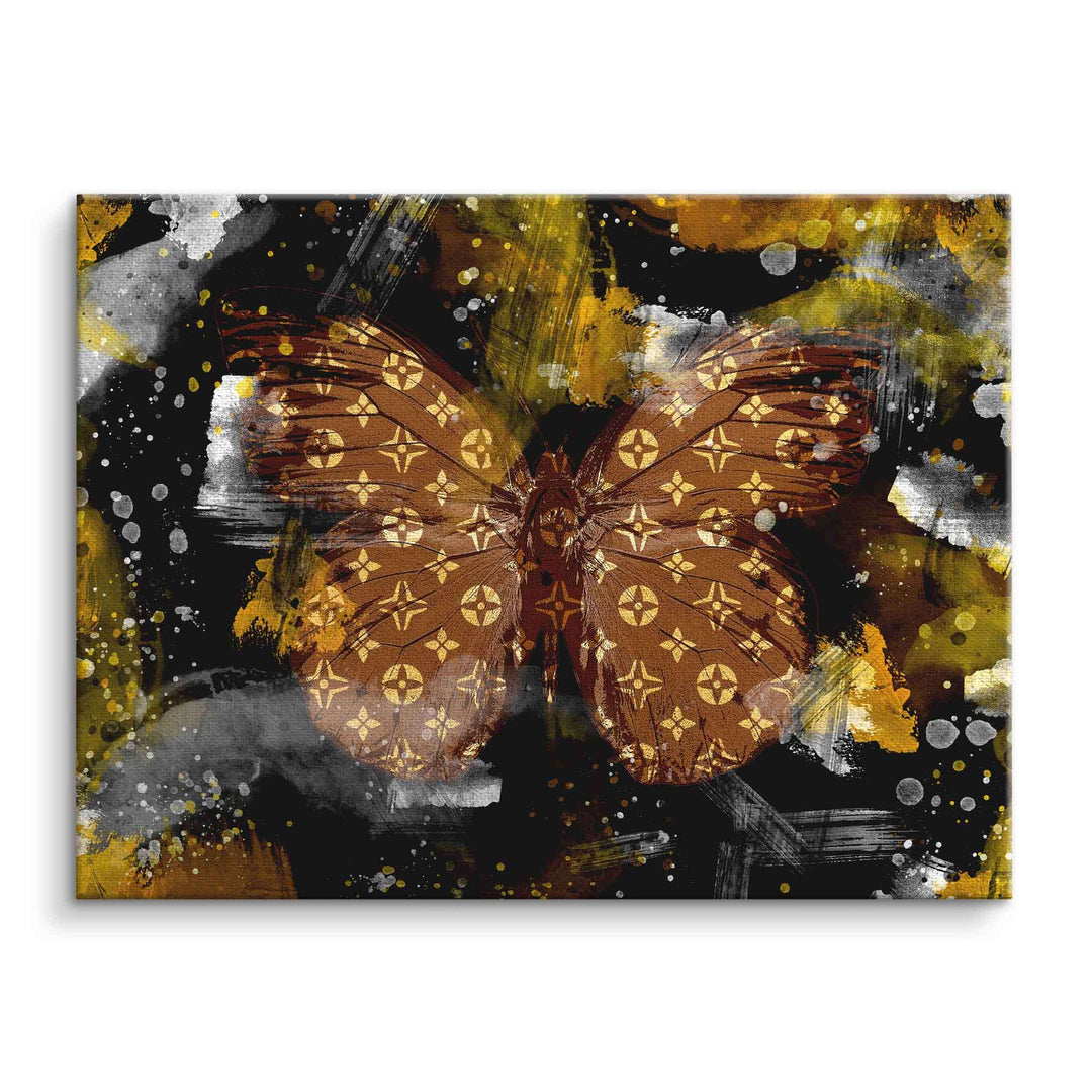 Wandbild mit gold-braunem Schmetterling auf abstraktem schwarz-gelbem Hintergrund