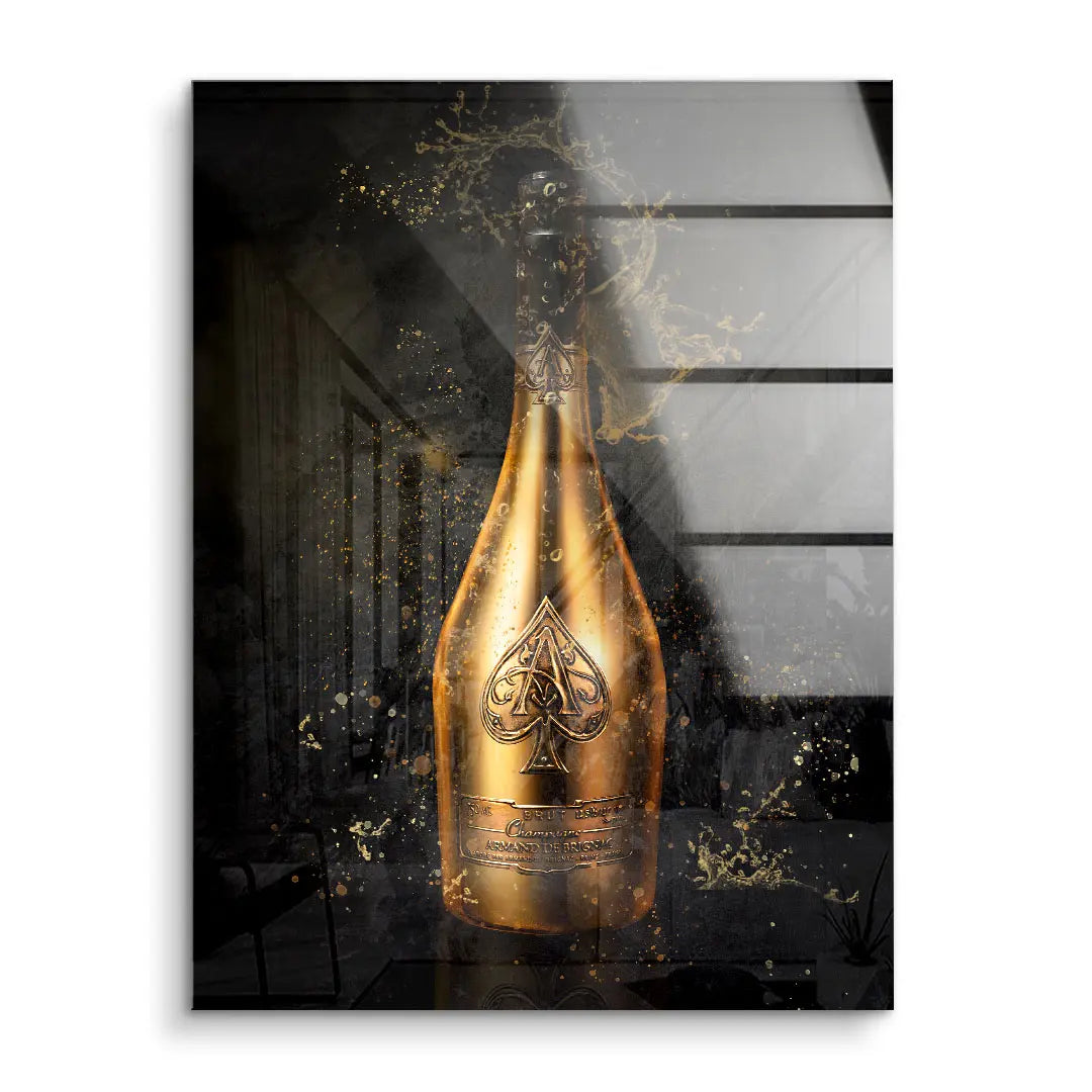 Wandbild mit goldener Champagnerflasche auf dunklem, modernem Hintergrund, Kunst Acrylglas