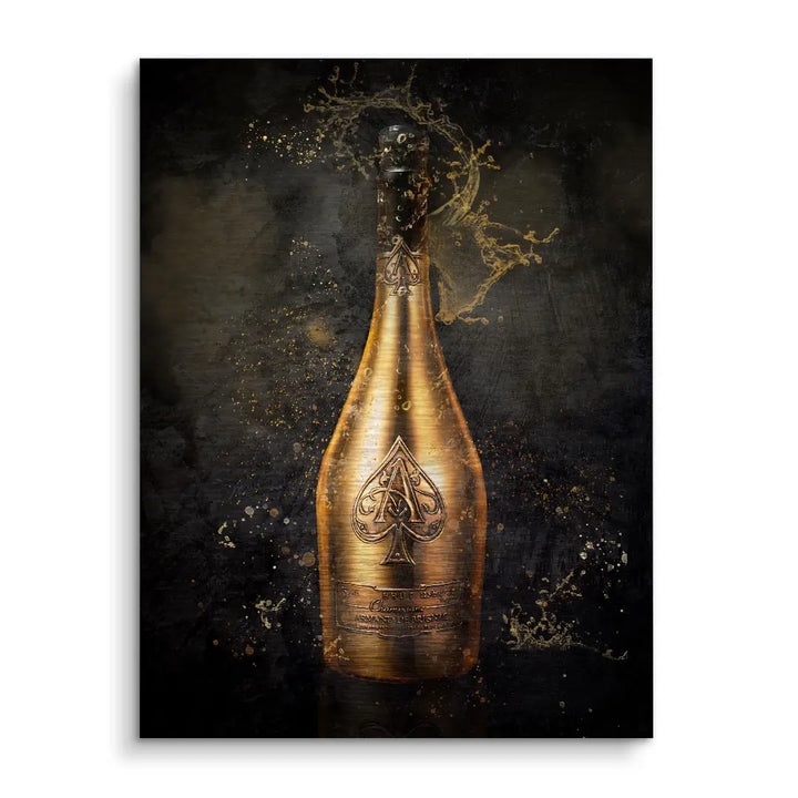 Modernes Wandbild mit goldener Champagnerflasche vor dunklem Hintergrund, spritzende Effekte.
