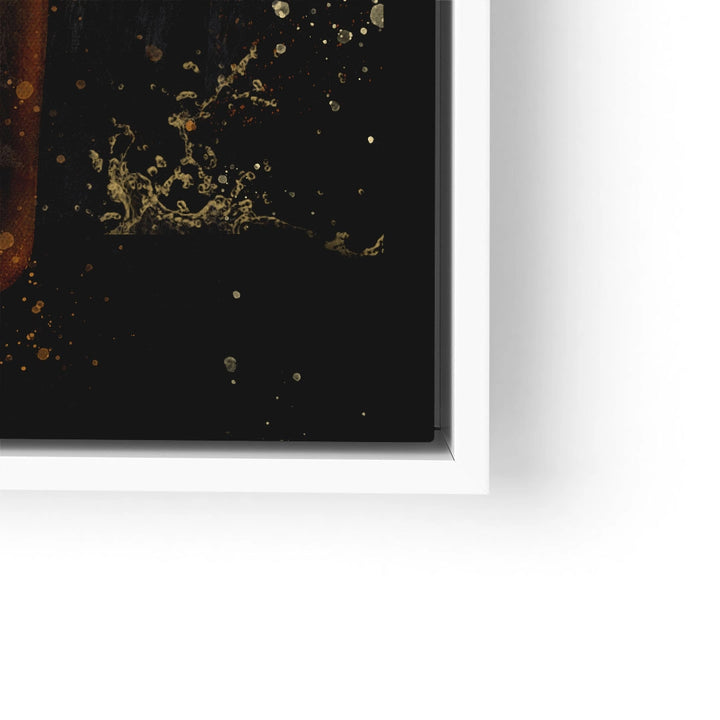 Modernes Wandbild mit goldenen Sprenkeln auf schwarzem Hintergrund, in weißem Rahmen