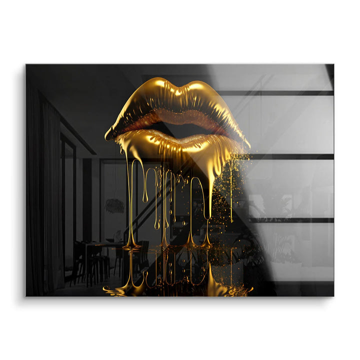 Modernes Acrylglas-Wandbild goldene Lippen mit Schmelzeffekt, Kunstdruck auf dunklem Hintergrund