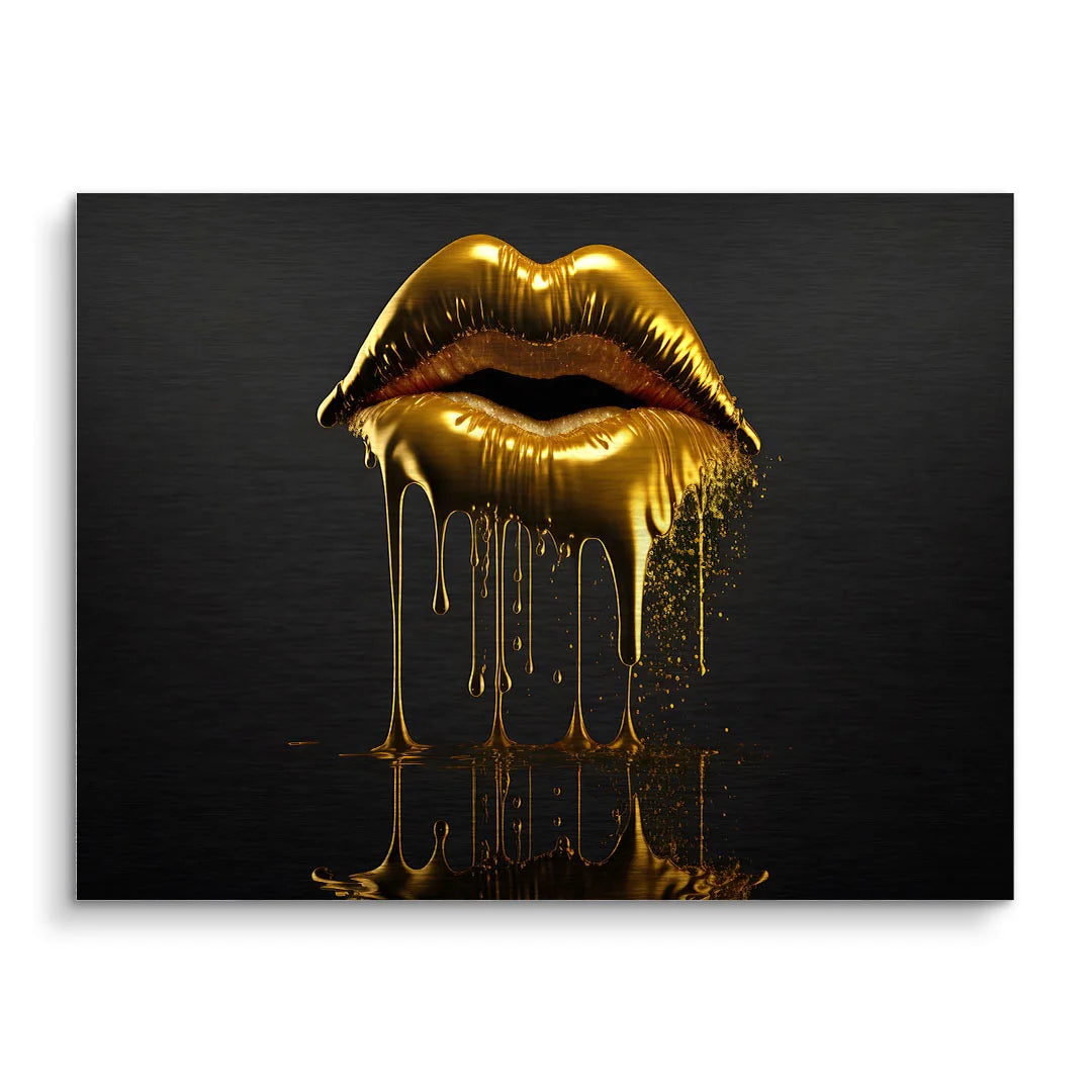 Modernes Wandbild mit goldenen, glänzenden Lippen auf schwarzem Hintergrund, abstrakte Kunst
