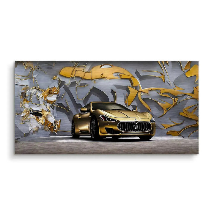 Modernes Wandbild mit goldenem Maserati vor abstraktem, gold-grauen Hintergrund, Kunst kaufen