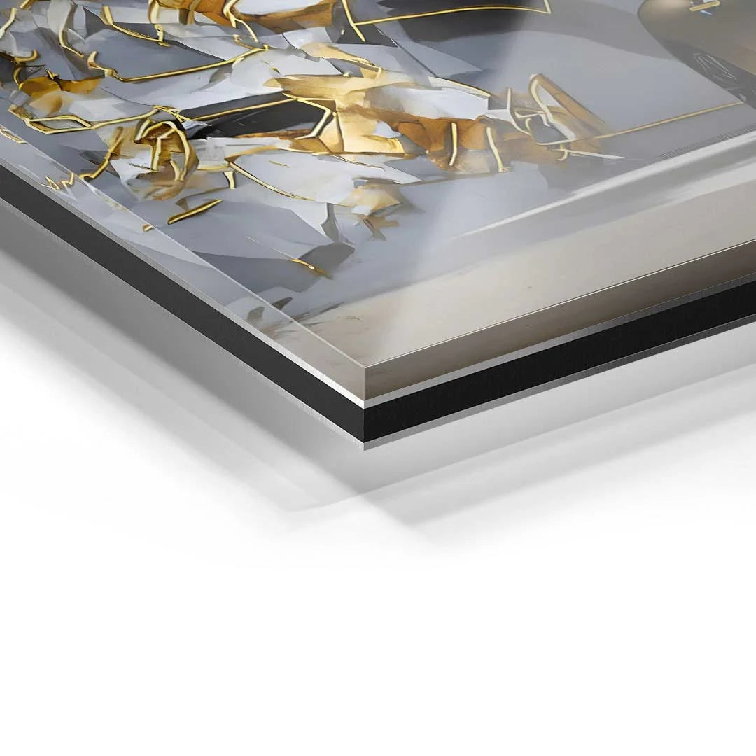 Detailaufnahme Acrylglas Wandbild mit goldfarbenem Maserati Auto und modernem Kunstmotiv