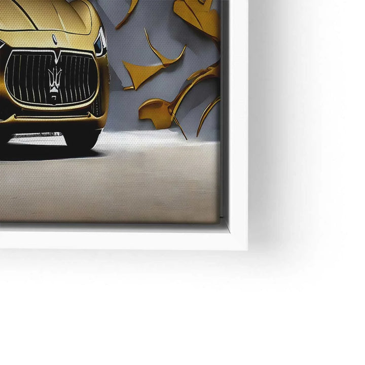 Modernes Wandbild mit goldenem Maserati und abstrakten goldenen Formen auf grauem Hintergrund