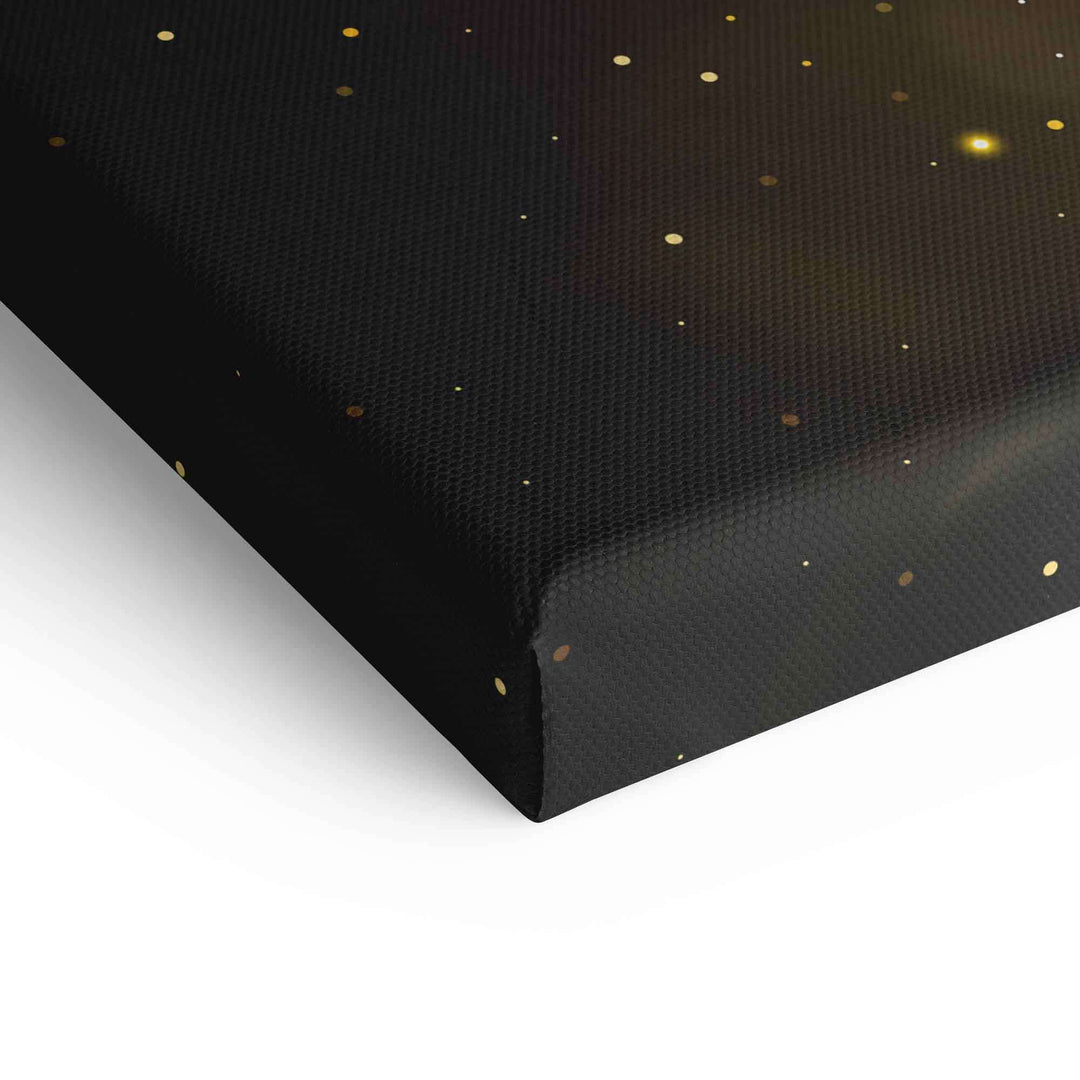 Detail eines Leinwandbilds mit schwarzem Hintergrund und goldenen Punkten