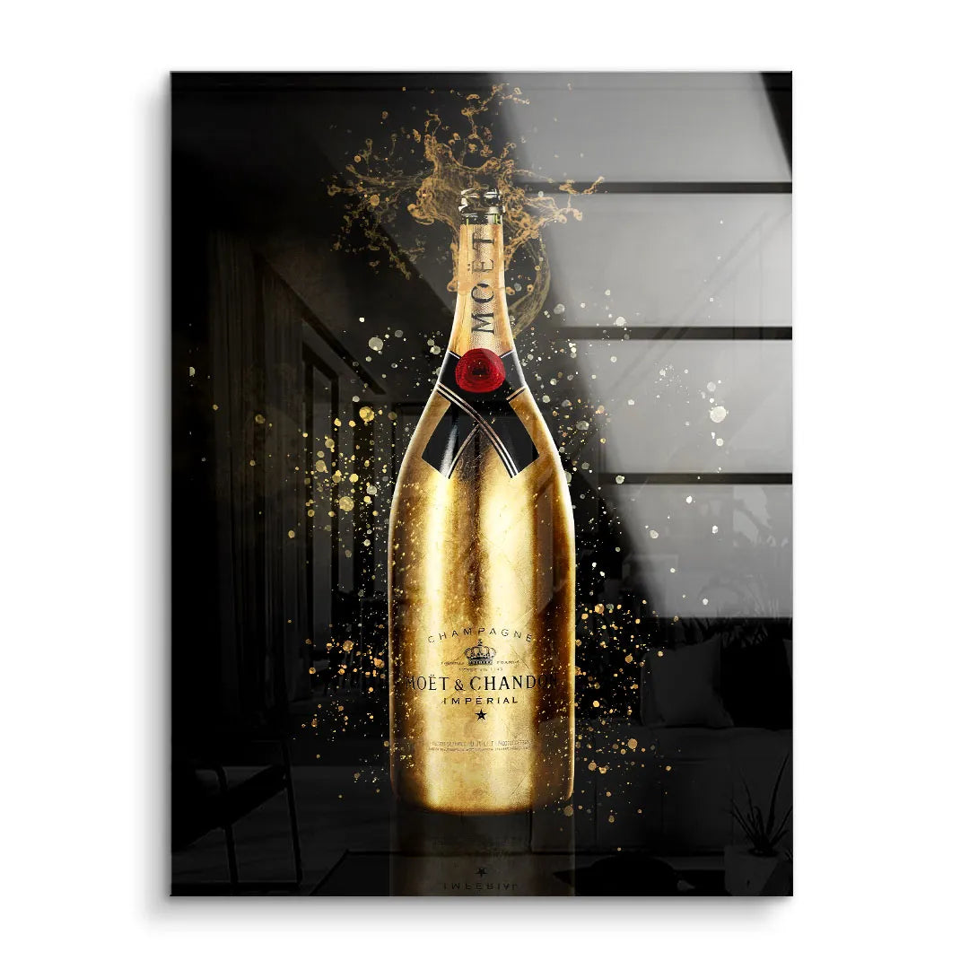 Modernes Wandbild mit goldener Champagnerflasche und Spritzern auf dunklem Hintergrund