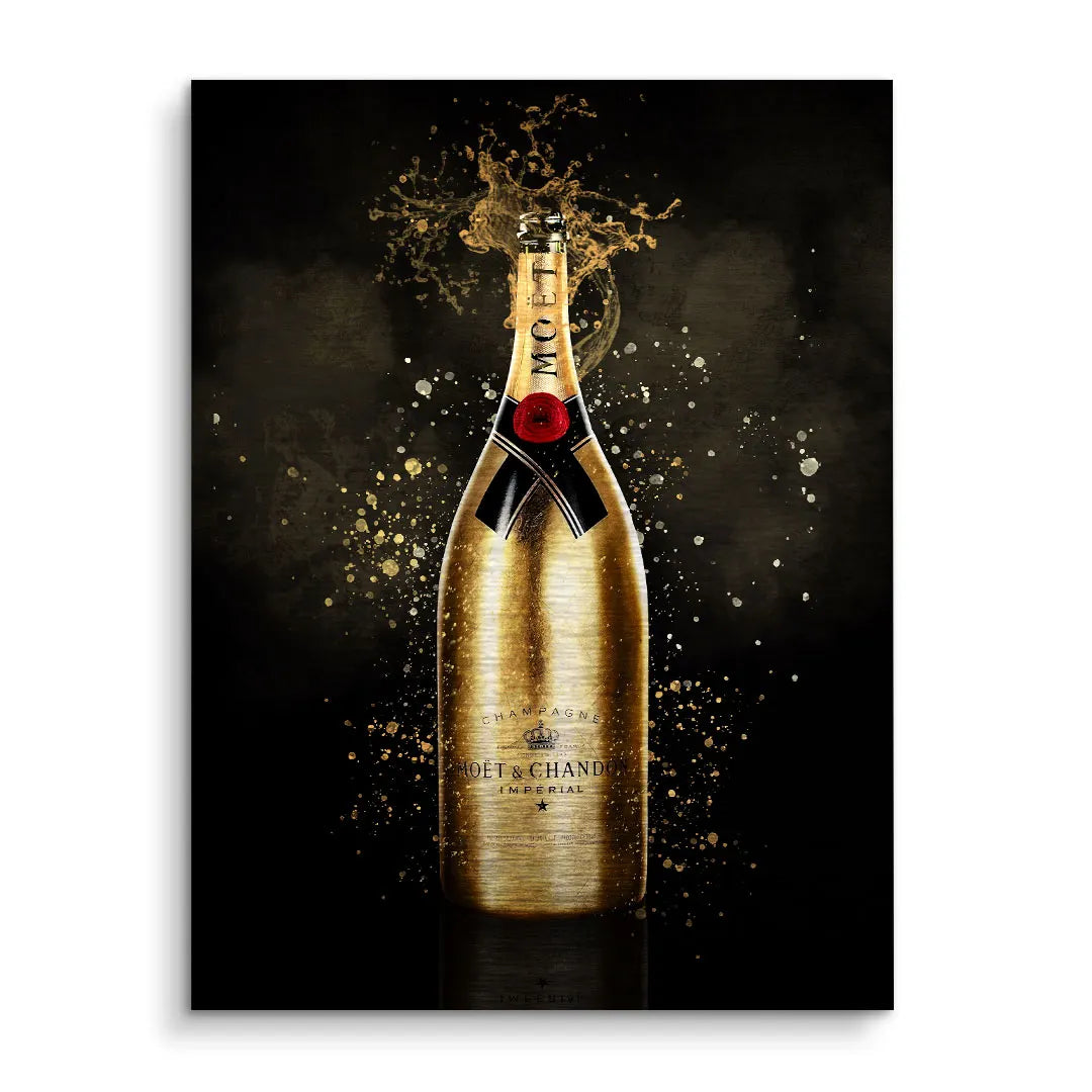 Modernes Wandbild mit goldener Champagnerflasche und spritzenden Effekten auf dunklem Hintergrund