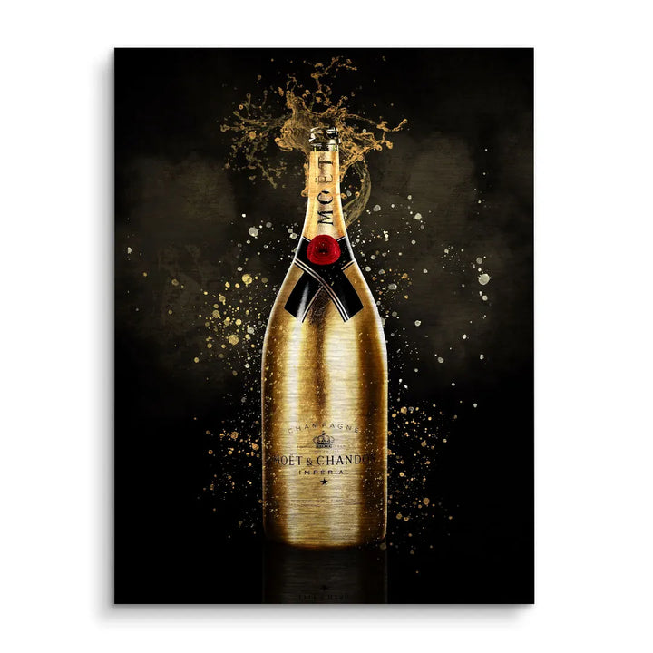 Modernes Wandbild mit goldener Champagnerflasche und spritzenden Effekten auf dunklem Hintergrund