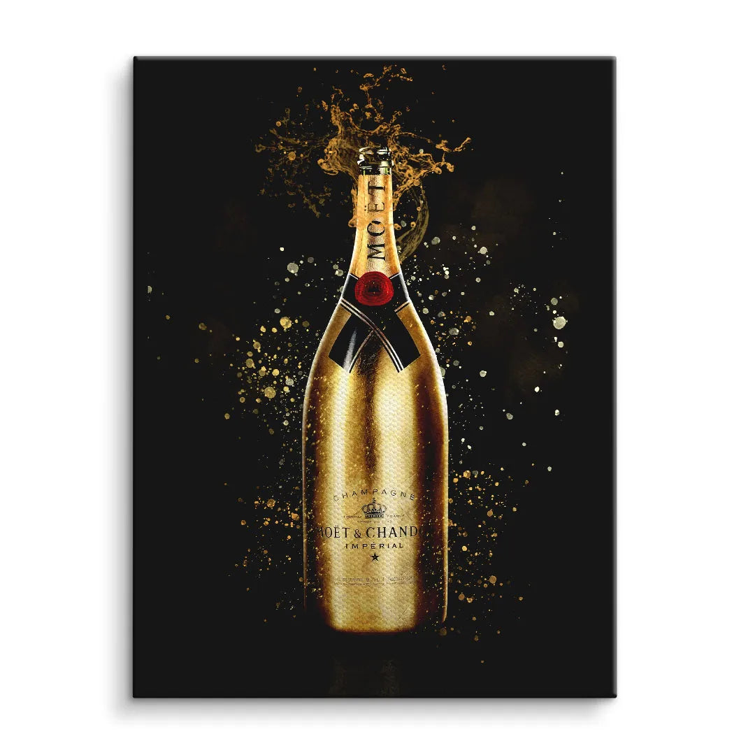 Modernes Wandbild mit goldener Champagnerflasche und Spritzeffekt auf schwarzem Hintergrund