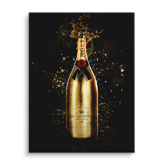 Modernes Wandbild mit goldener Champagnerflasche und Spritzeffekt auf schwarzem Hintergrund