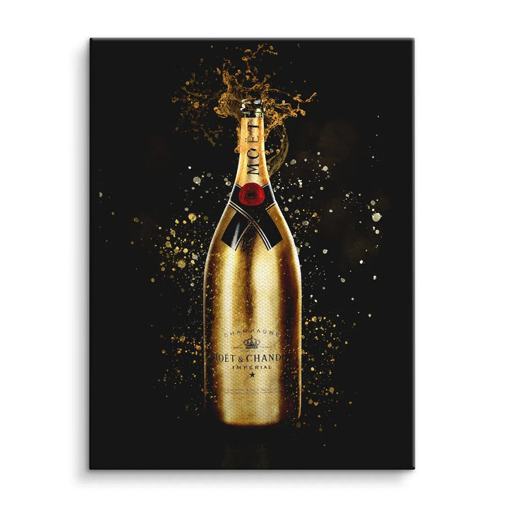Modernes Wandbild mit goldener Champagnerflasche und Spritzeffekt auf schwarzem Hintergrund