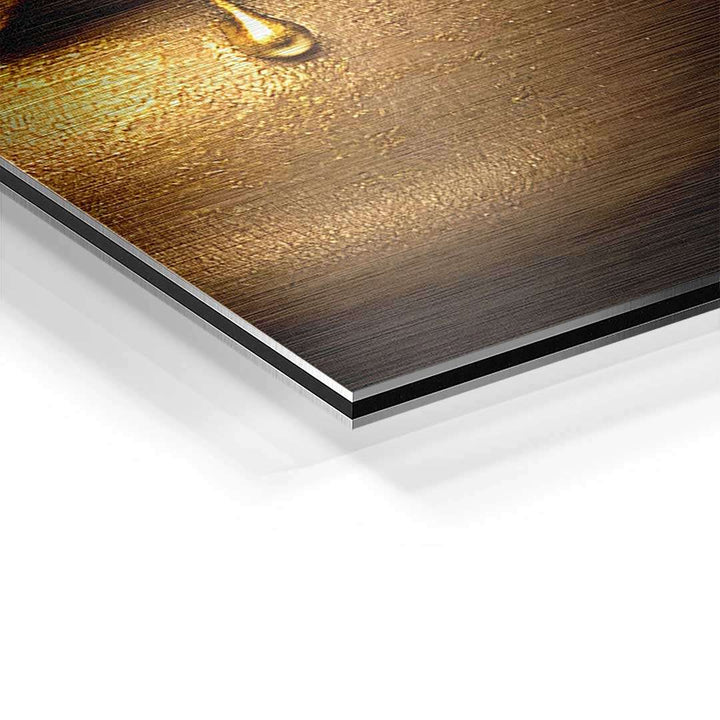 Nahaufnahme eines gold glänzenden Wandbildes auf Aluminium mit edler Struktur und Metallic-Effekt
