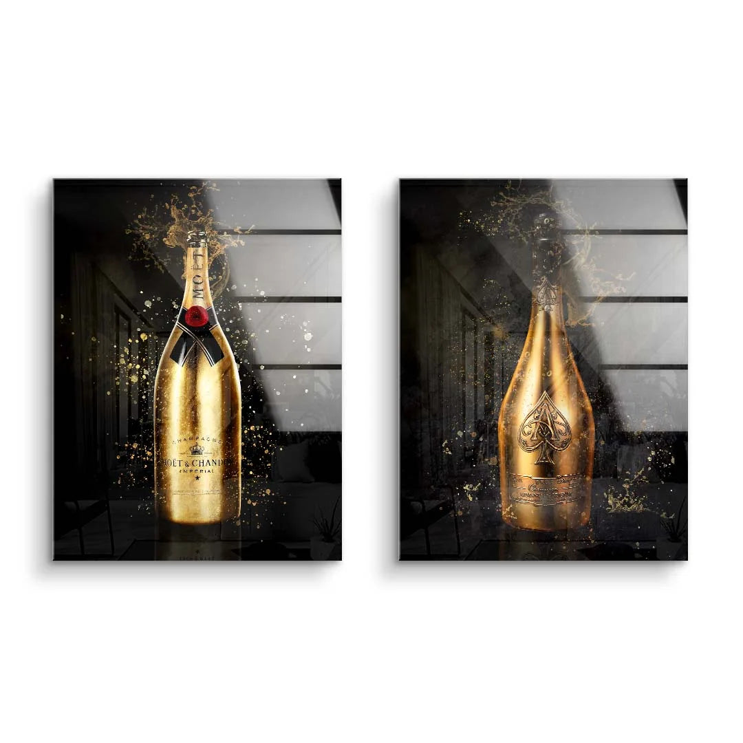 Wandbilder mit goldenen Champagnerflaschen auf dunklem Hintergrund, moderne Kunst
