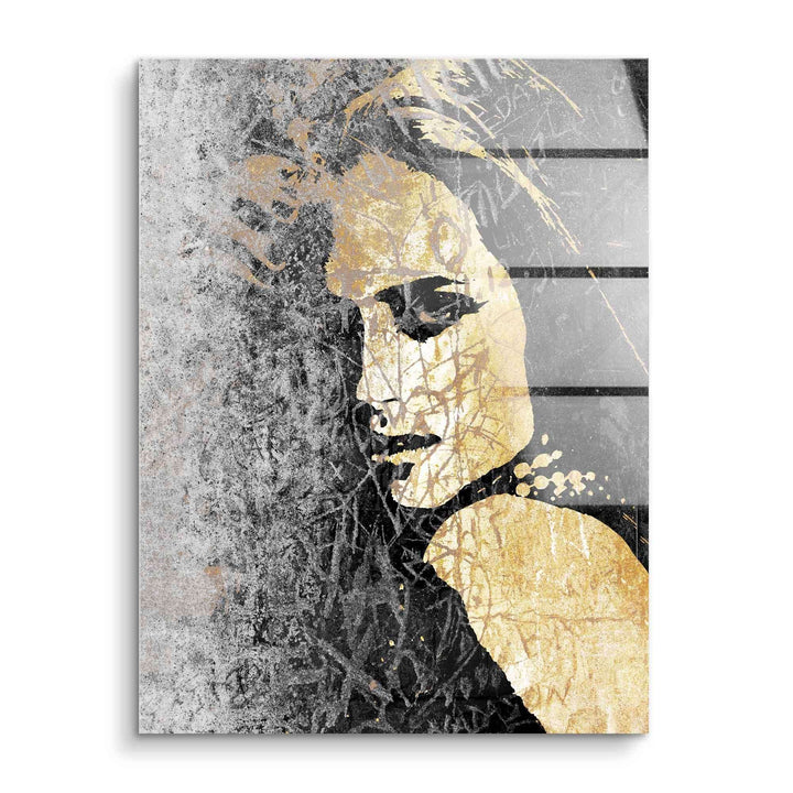 Modernes Acryl Wandbild mit goldener Frauenporträt, abstrakt, Fashion Kunst, Schwarz-Gold