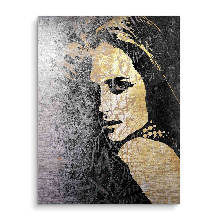 Modernes Wandbild goldene Frau auf dunklem Hintergrund, stilisierte Kunst, Acryl-Optik