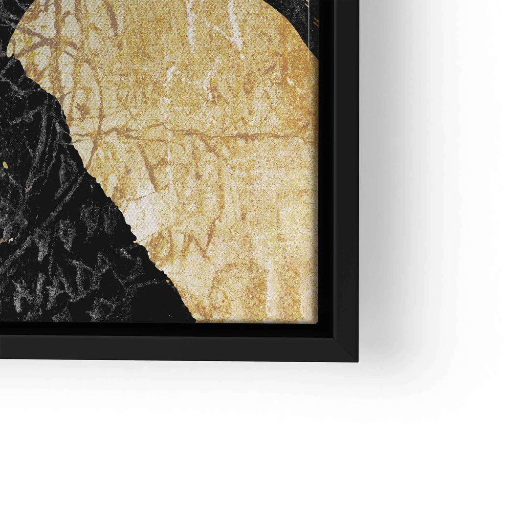Detailansicht Wandbild goldene abstrakte Frau auf Leinwand mit schwarzem Rahmen