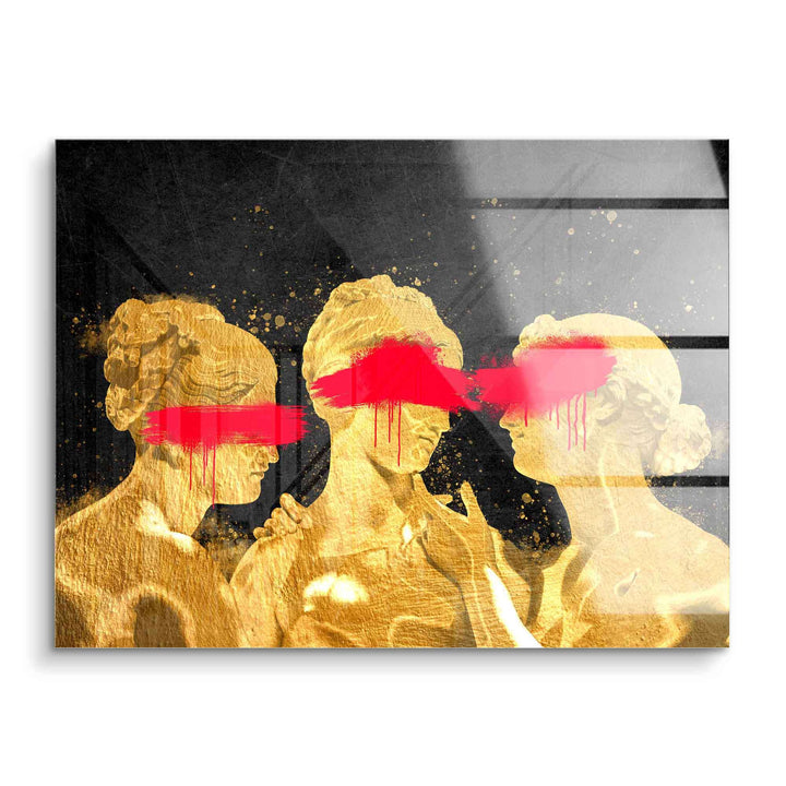 Goldene Frauen-Statuen Wandbild mit pinken Farbklecksen auf dunklem Hintergrund