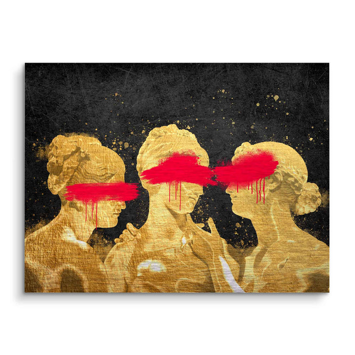 Modernes Wandbild mit drei goldenen Frauenstatuen, rote Balken über den Augen, schwarzer Hintergrund