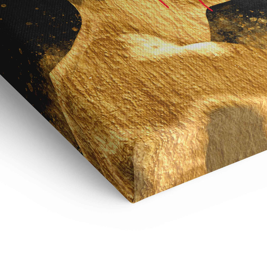 Detail eines Wandbilds mit goldener Frauenstatue auf Leinwand, moderner Kunststil