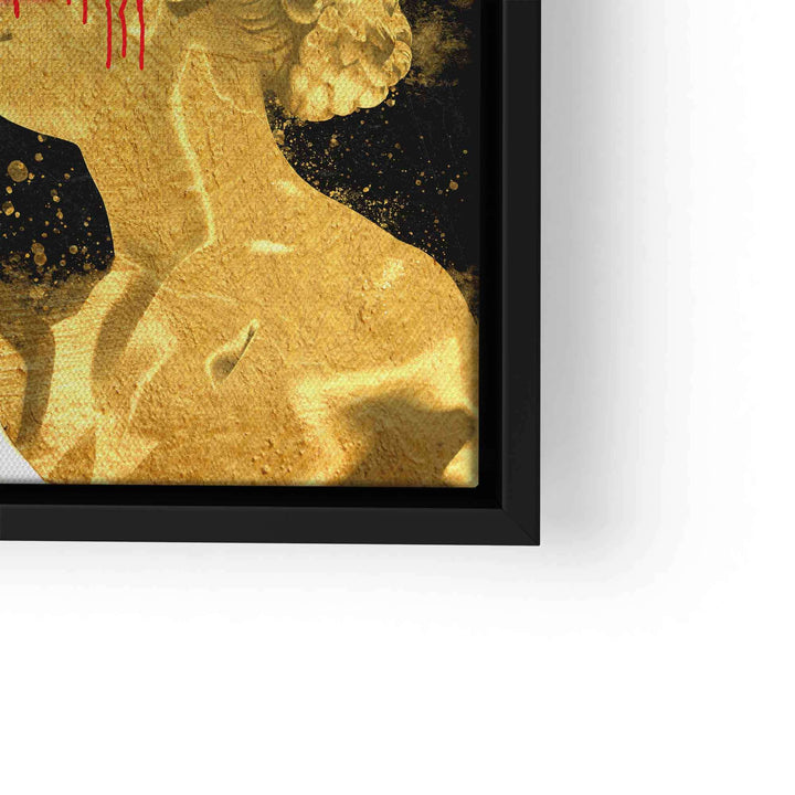 Modernes Wandbild mit goldener Frauenstatue, schwarzer Hintergrund, rote Akzente