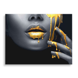 Leinwandbild mit goldenen Lippen und goldener Farbe im Gesicht, modernes Wandbild