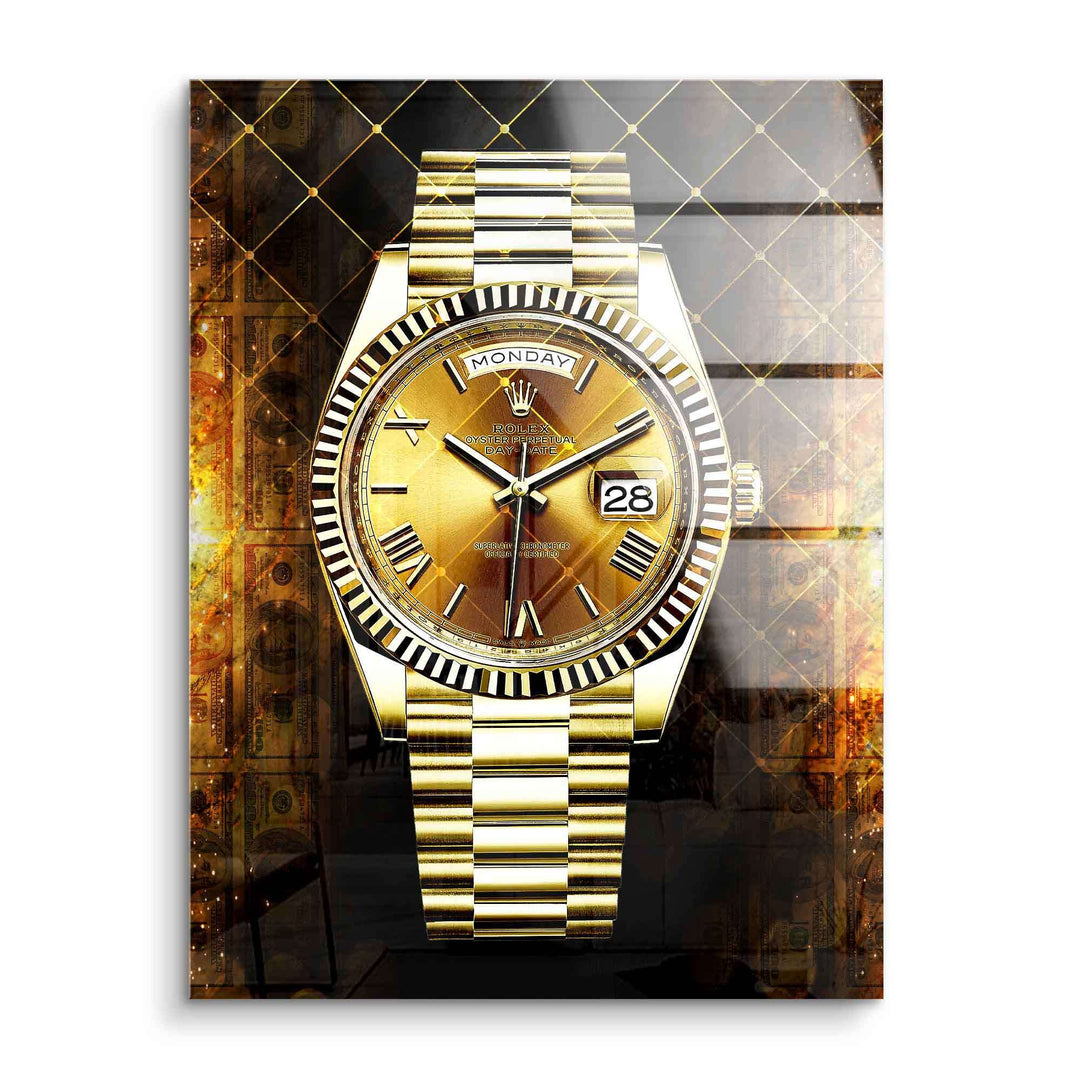 Modernes Wandbild mit goldener Luxusuhr auf Acrylglas vor glänzendem Hintergrund