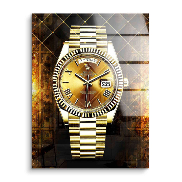 Modernes Wandbild mit goldener Luxusuhr auf Acrylglas vor glänzendem Hintergrund