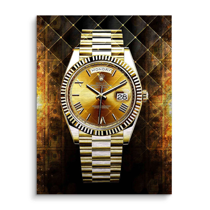 Modernes Wandbild mit goldener Luxusuhr vor dunklem, gemustertem Hintergrund