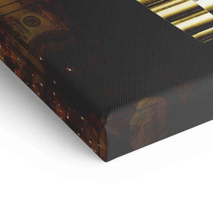 Detail Leinwanddruck goldene Uhr mit Geldscheinen, luxuriöses Wandbild für Wohnzimmer