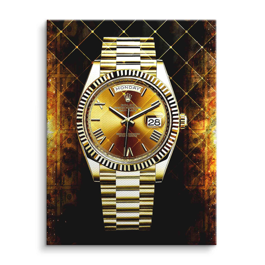 Wandbild mit goldener Luxusuhr auf dunklem, gemustertem Hintergrund, modernes Leinwandbild
