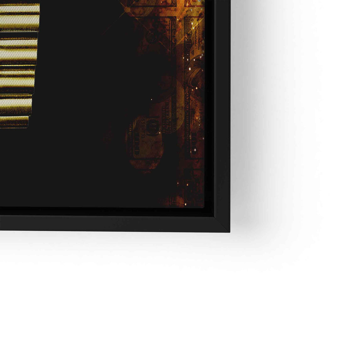 Wandbild mit goldenem Uhrenarmband und Dollar-Motiv im schwarzen Rahmen
