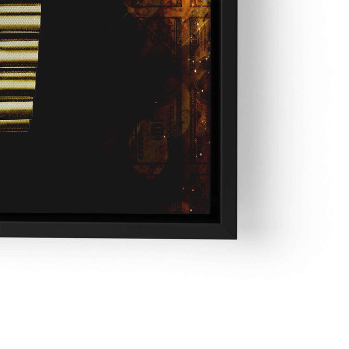 Wandbild mit goldenem Uhrenarmband und Dollar-Motiv im schwarzen Rahmen