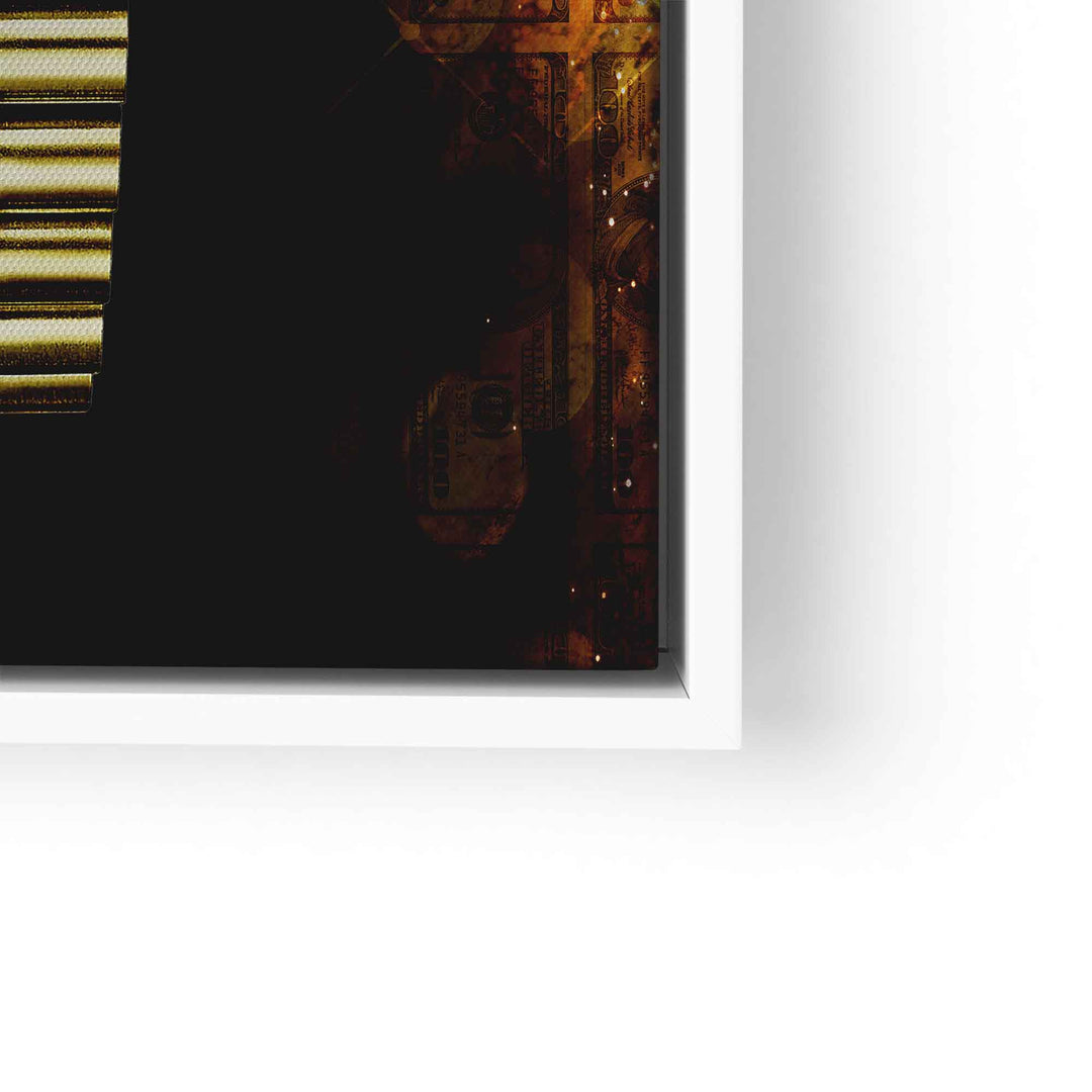Modernes Wandbild mit goldener Uhr, Geldschein-Details und schwarzem Hintergrund im weißen Rahmen