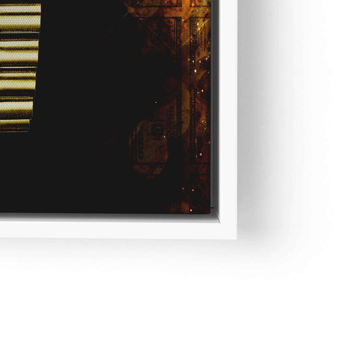 Modernes Wandbild mit goldener Uhr, Geldschein-Details und schwarzem Hintergrund im weißen Rahmen