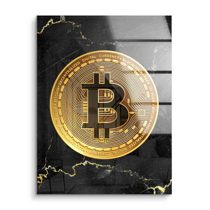 Goldener Bitcoin als Wandbild auf schwarzem Acrylglas mit Marmorstruktur, moderne Kunst