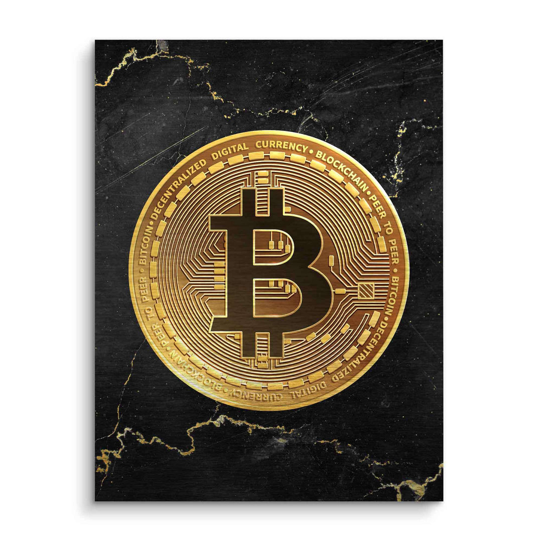 Wandbild mit goldener Bitcoin-Münze auf schwarzem marmoriertem Hintergrund