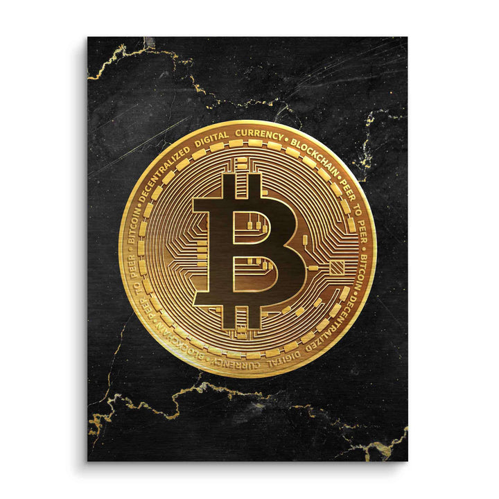 Wandbild mit goldener Bitcoin-Münze auf schwarzem marmoriertem Hintergrund
