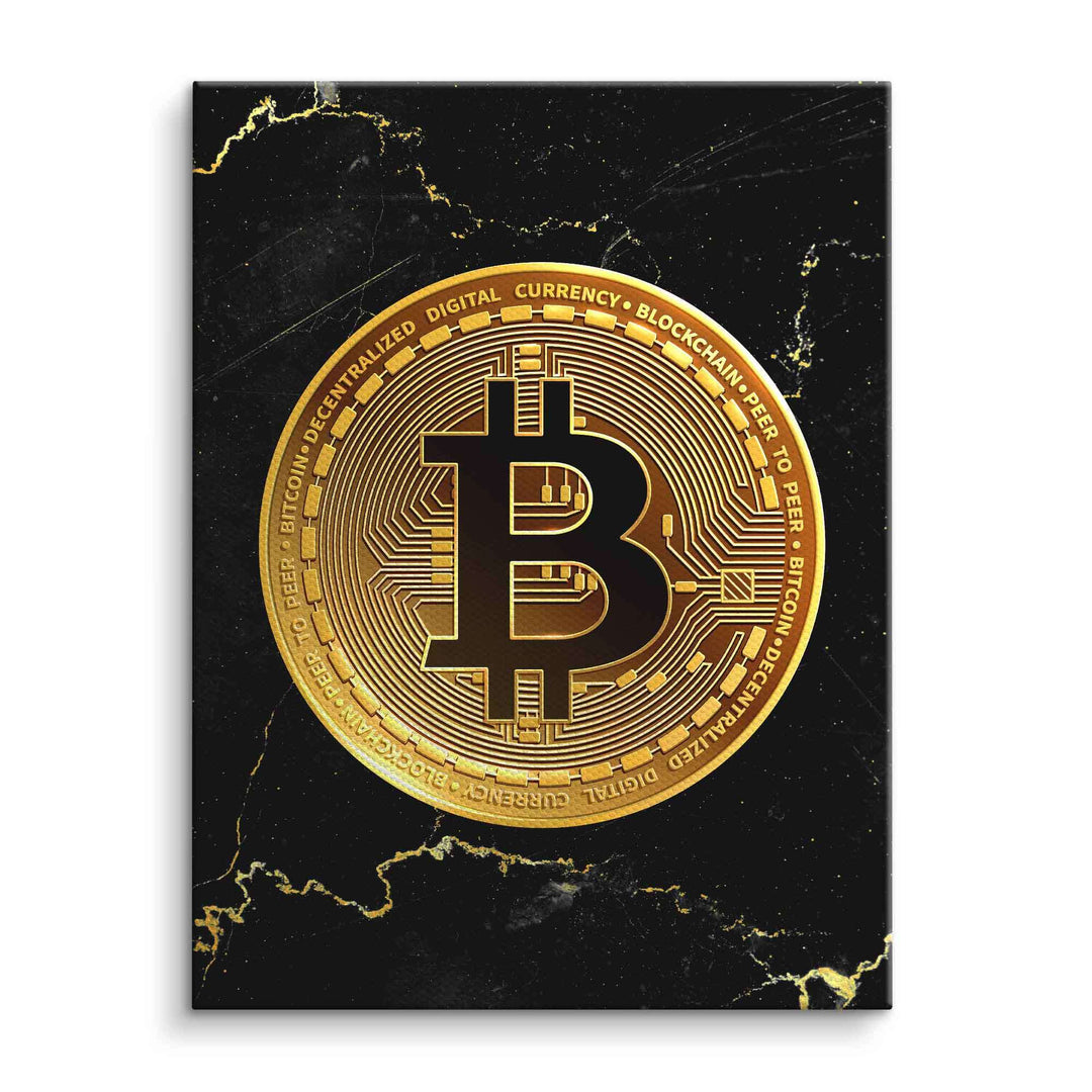 Wandbild goldener Bitcoin auf schwarzem, marmoriertem Hintergrund, moderne Deko