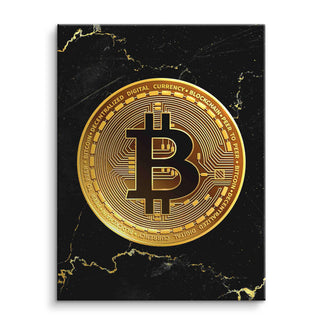 Wandbild goldener Bitcoin auf schwarzem, marmoriertem Hintergrund, moderne Deko
