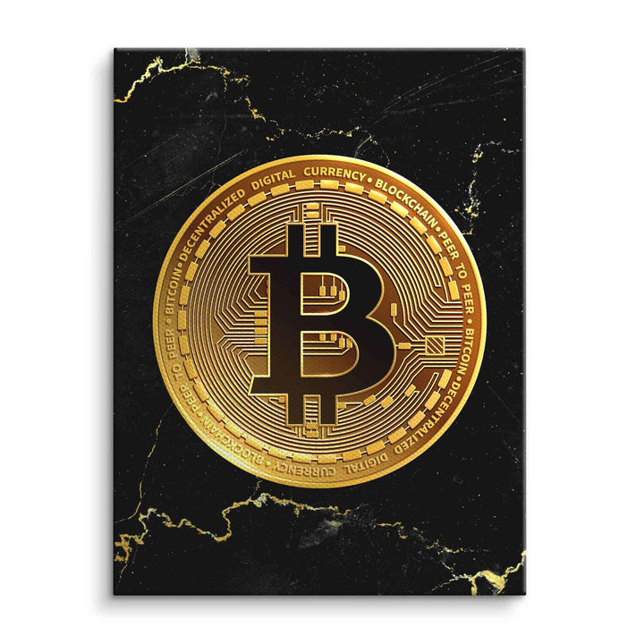 Wandbild goldener Bitcoin auf schwarzem, marmoriertem Hintergrund, moderne Deko
